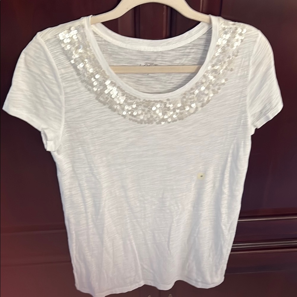 LOFT White Sequin Short Sleeve Tee
